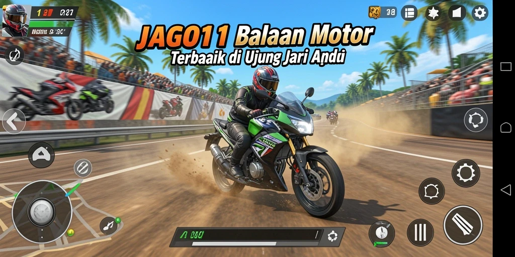 Tampilan gameplay JAGO11 dengan balapan motor yang seru.