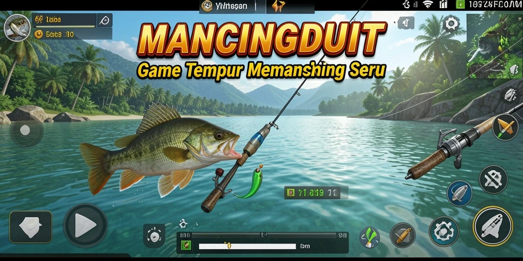 Screenshot gameplay MANCINGDUIT dengan aksi memancing dan bertempur.