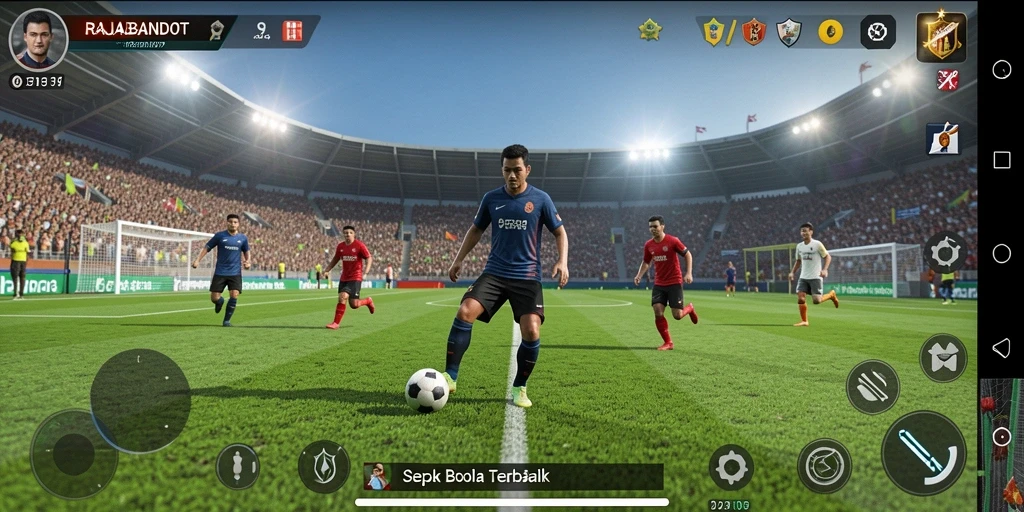 Screenshot gameplay RAJABANDOT menampilkan aksi sepak bola yang mendebarkan.