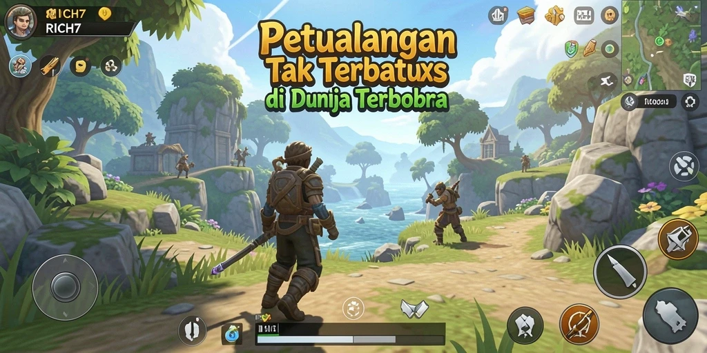 Screenshot utama RICH7 menampilkan eksplorasi daring dalam dunia terbuka.