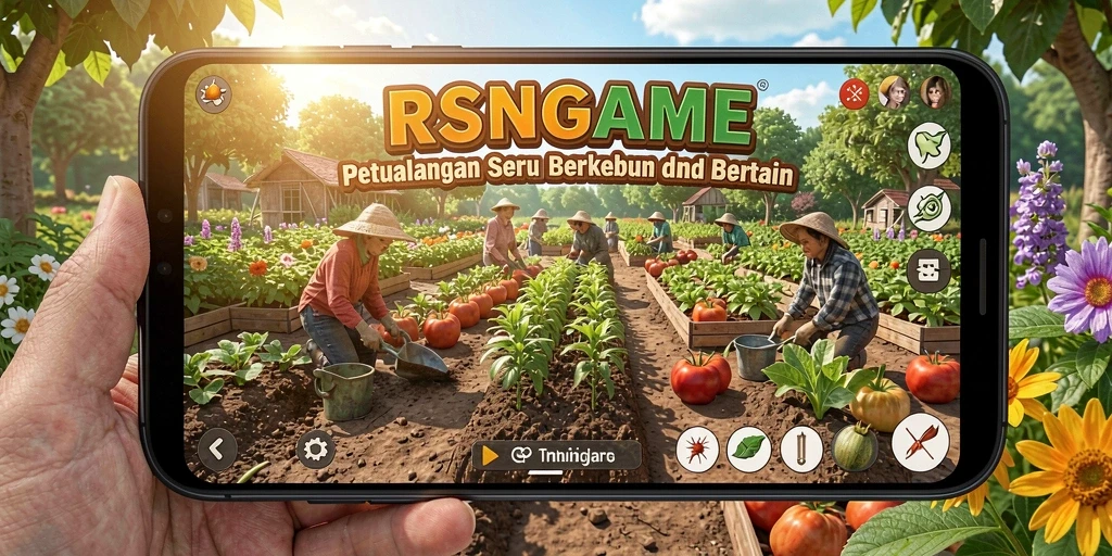 Tampilan gameplay RSNGAME dengan kebun yang indah dan beragam tanaman.