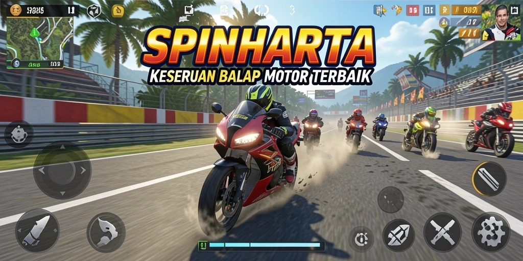 Gameplay SPINHARTA menampilkan aksi balap motor yang mendebarkan.