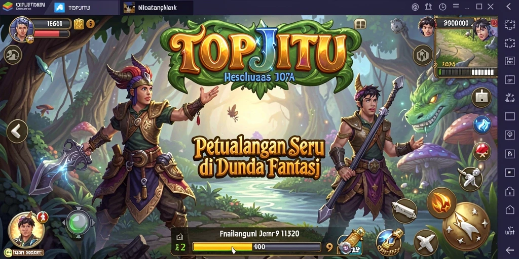 Screenshot gameplay utama TOPJITU menampilkan explorasi dunia petualangan.