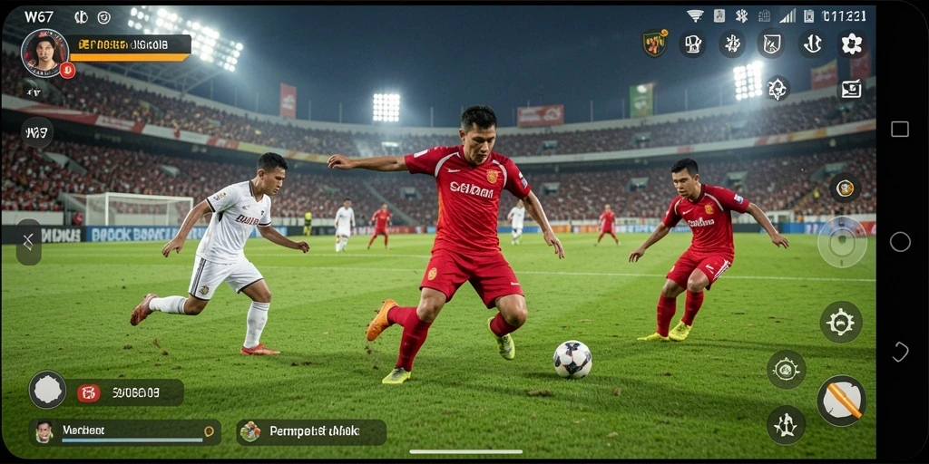 Screenshot W67 menampilkan aksi sepak bola yang mendebarkan di lapangan.